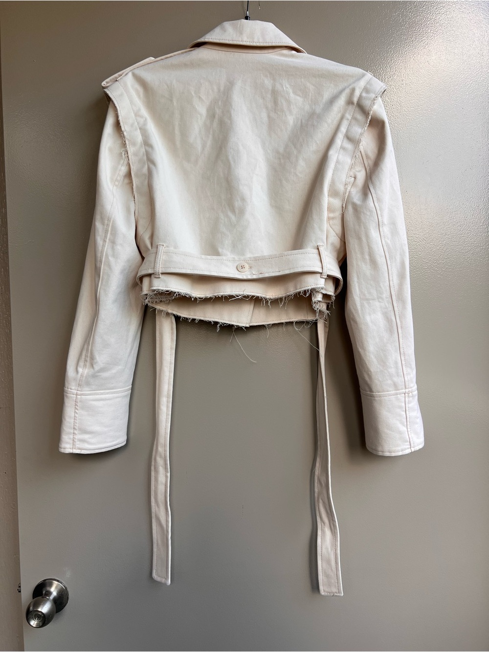 Zara XS S Cropped Denim Trench Jacket Ivory Raw Hem Belted Cotton Utility Blazer - Picture 4 of 16